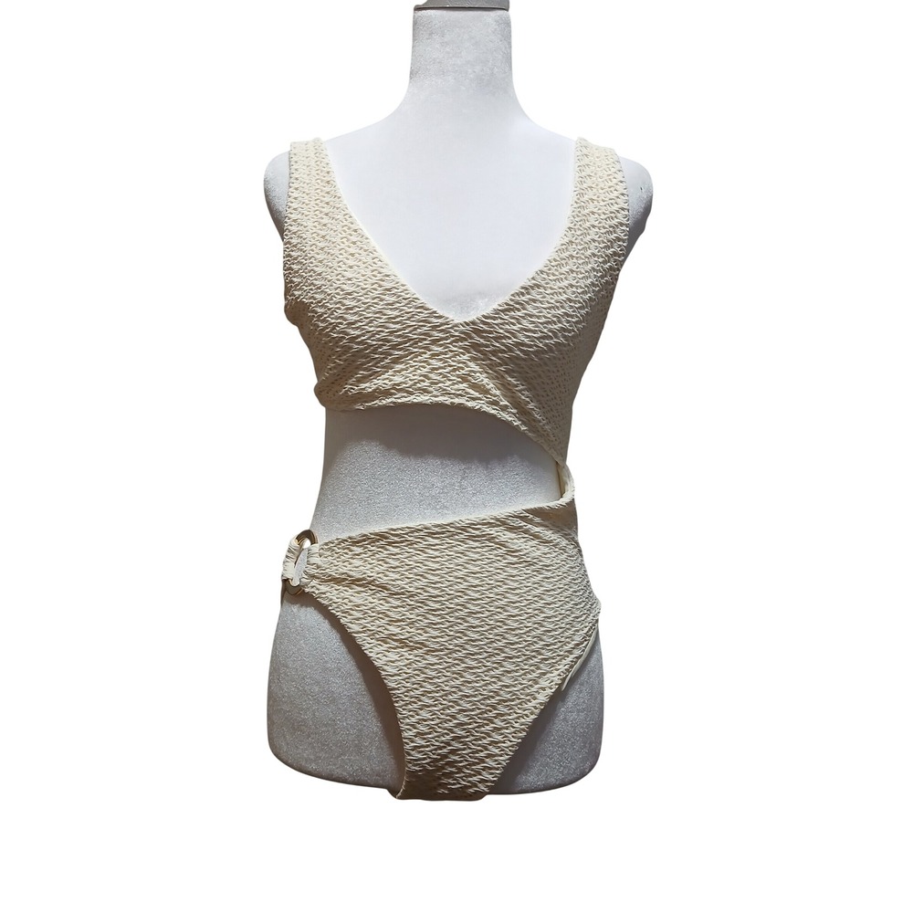 Monday Swimwear Ivory Textured Cutout One Piece Swimsuit Gold Ring Detail Large